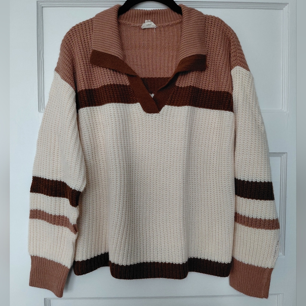Hem & Thread Collared V-Neck Sweater - Cream and Brown Tones